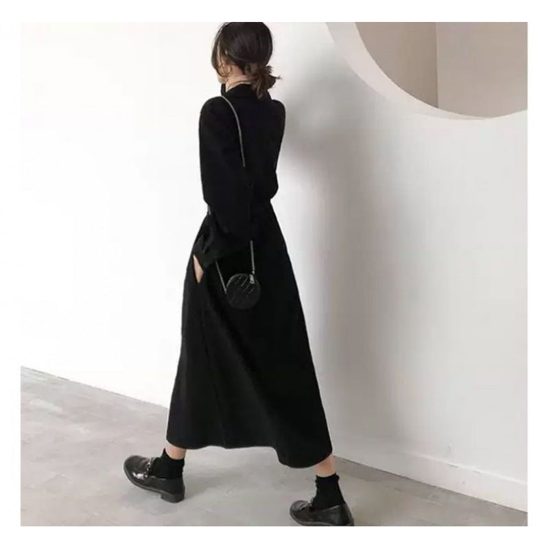 Elegant Style Fitted Long Dress, Black Long Sleeve Shirt Dress for Women