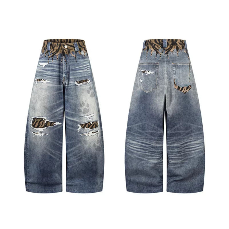 Unique Design Scratched Ripped Pleated Casual Loose Wide Leg Dagger Jeans