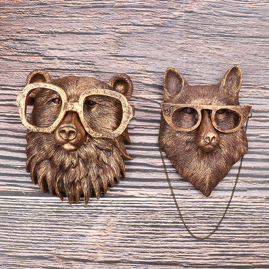 Resin Crafts Animal Pendant Ornament Halloween Interior Decoration Glasses Bear Fox Head Hanging Wall Ornament